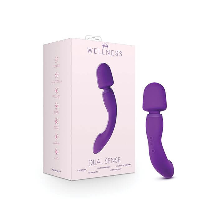 Blush Wellness Dual Sense Double Ended Ergonomic Wand and packaging - by The Bigger O online sex toy shop. USA, Canada and UK shipping available.