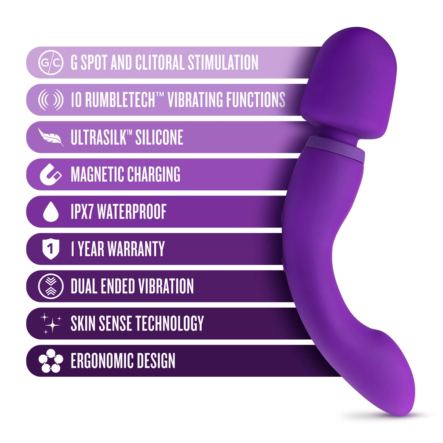 Blush Wellness Dual Sense Double Ended Ergonomic Wand features - by The Bigger O online sex toy shop. USA, Canada and UK shipping available.
