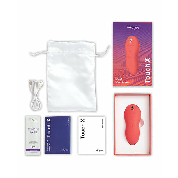 We-Vibe Touch X in Coral package inclusions - by The Bigger O online sex shop. USA, Canada and UK shipping available.