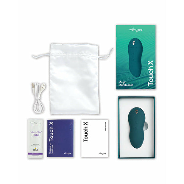 We-Vibe Touch X in Green Velvet package inclusions - by The Bigger O online sex shop. USA, Canada and UK shipping available.