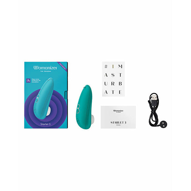 Womanizer Starlet 3 in turquoise with packaging and charger - by The Bigger O online sex toy shop. USA, Canada and UK shipping available.