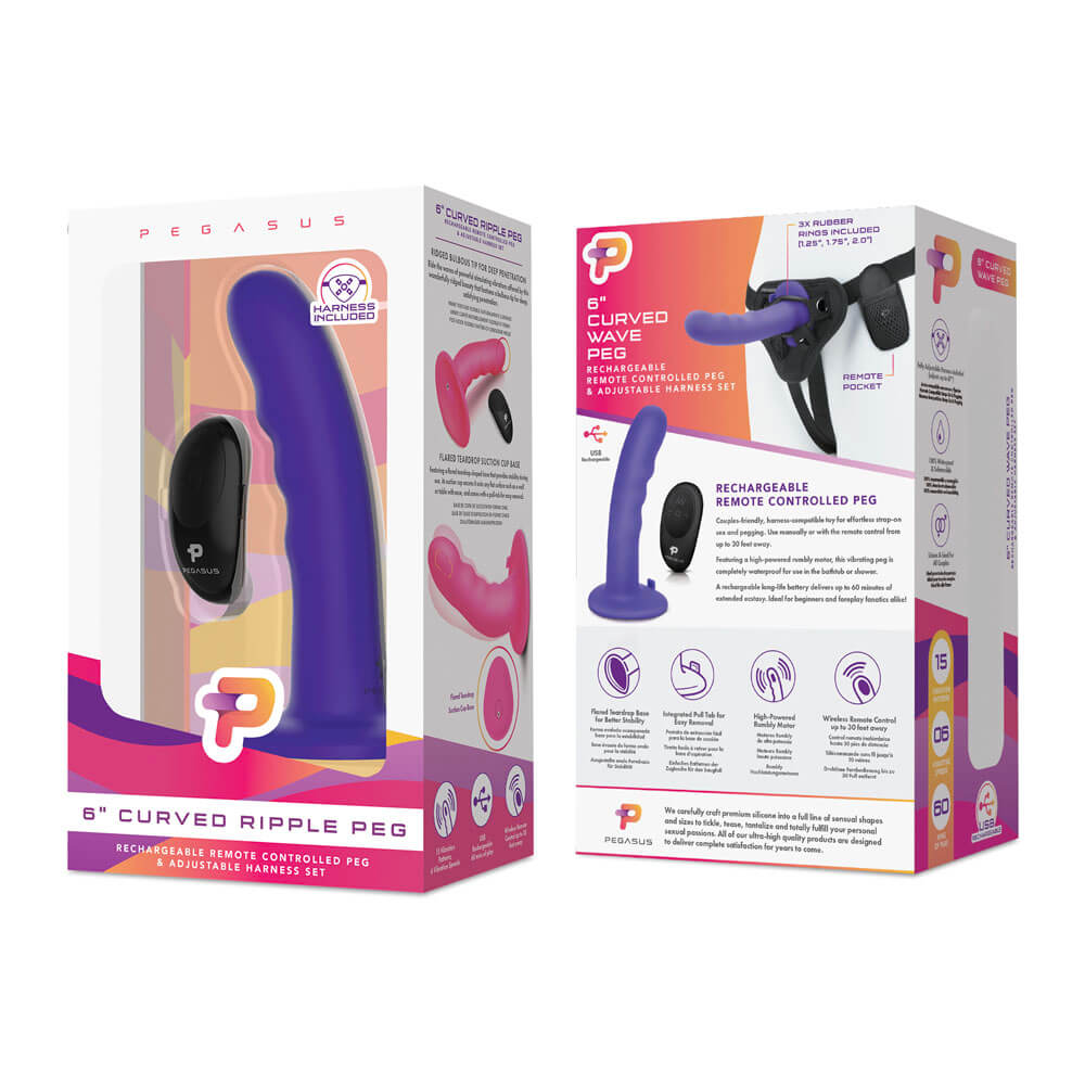 Packaging for the Pegasus 6 Inch Curved Wave Vibrating Dildo and Adjustable Harness - The Bigger O online sex toy shop USA, Canada & UK shipping available