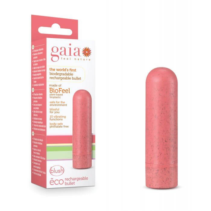 Gaia Eco Rechargeable Bullet in Coral and packaging - The Bigger O - online sex toy shop USA, Canada & UK shipping available