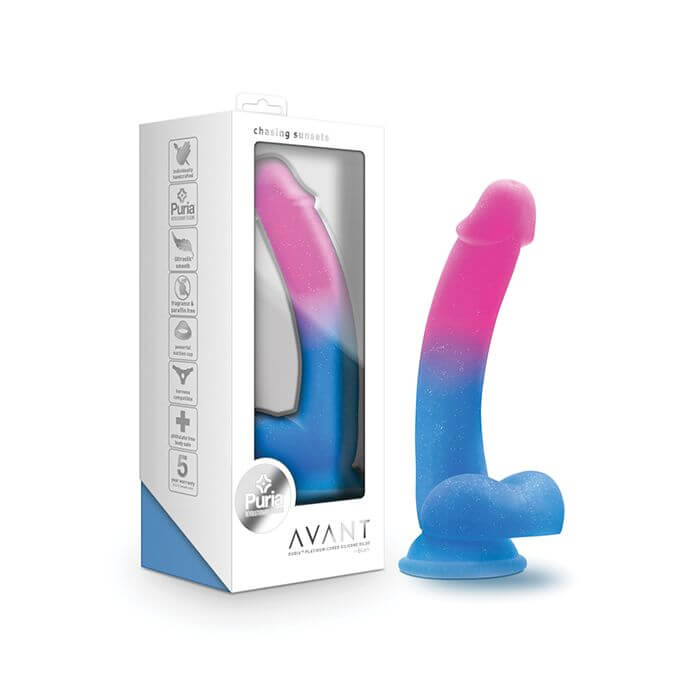 Blush Avant Chasing Sunsets Dildo and packaging - by The Bigger O online sex toy shop. USA, Canada and UK shipping available.