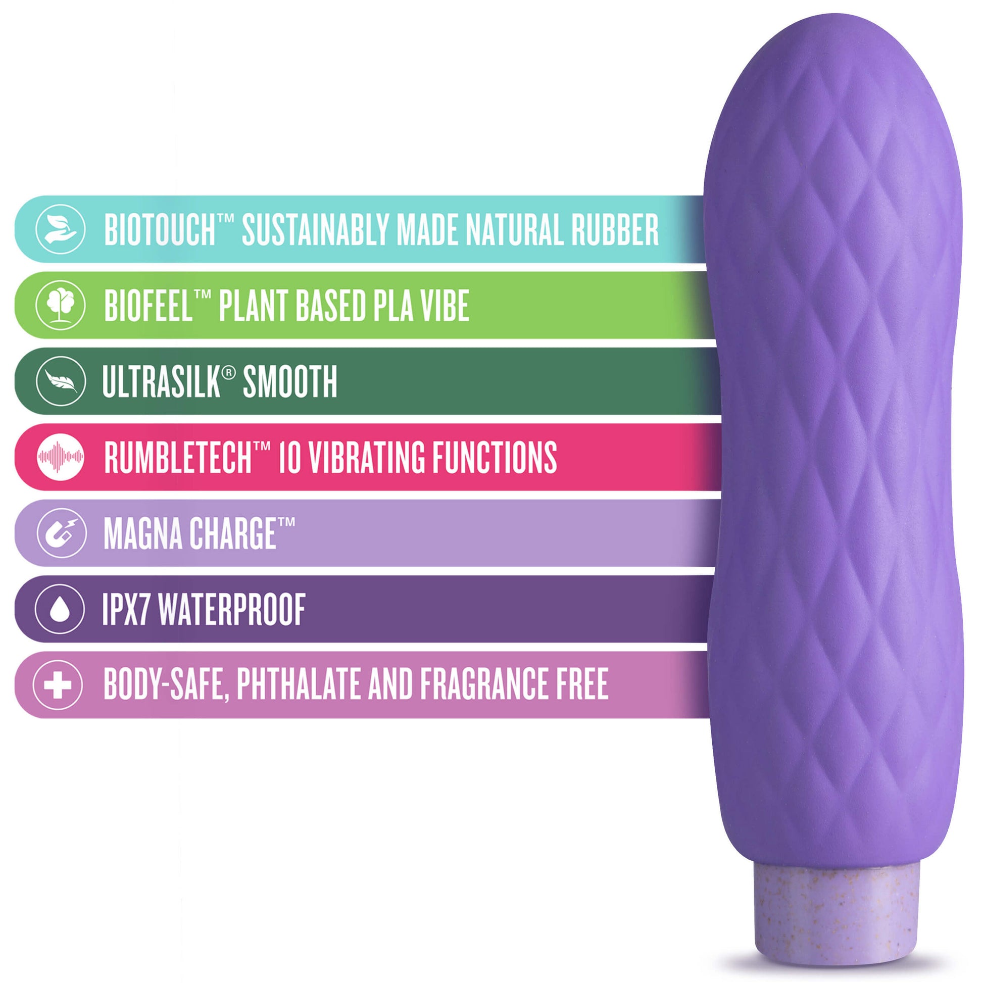 Blush Gaia Eco Bliss freatures - by The Bigger O online sex toy shop. USA, Canada and UK shipping available.