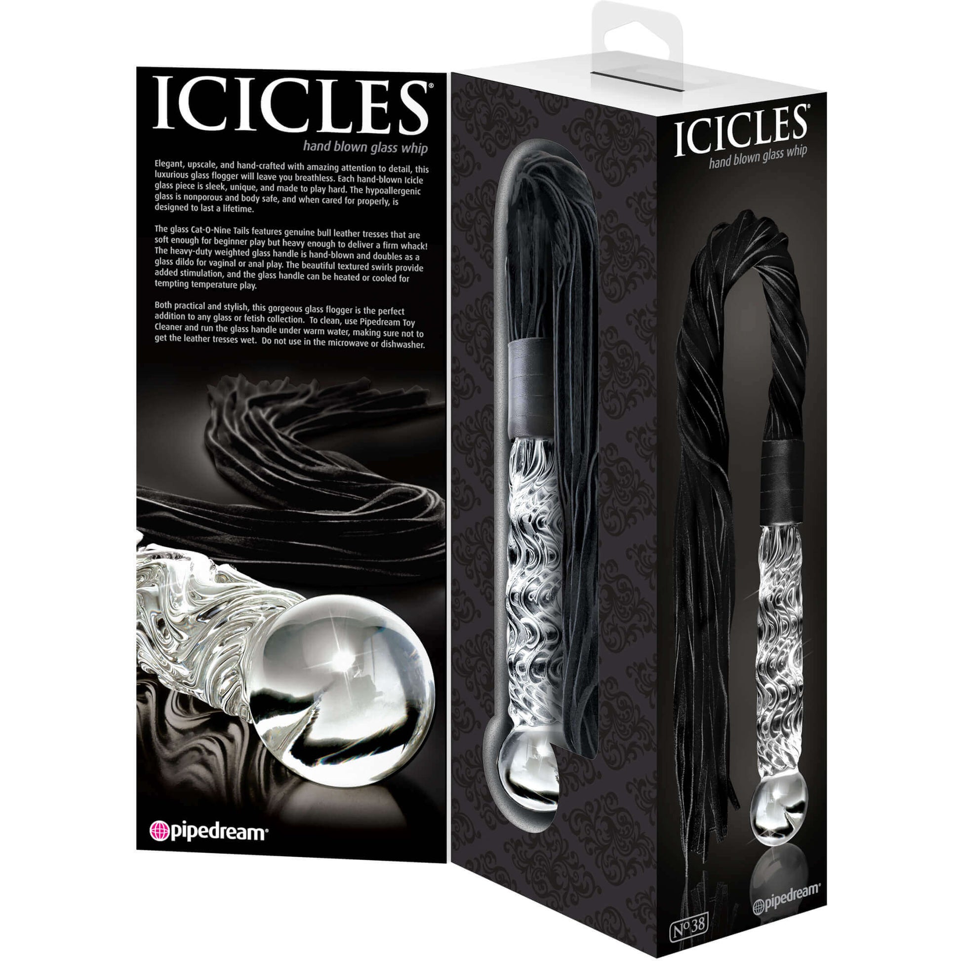 Icicles No. 38 - Glass Flogger and Dildo packaging- by The Bigger O online sex toy shop. USA, Canada and UK shipping available.