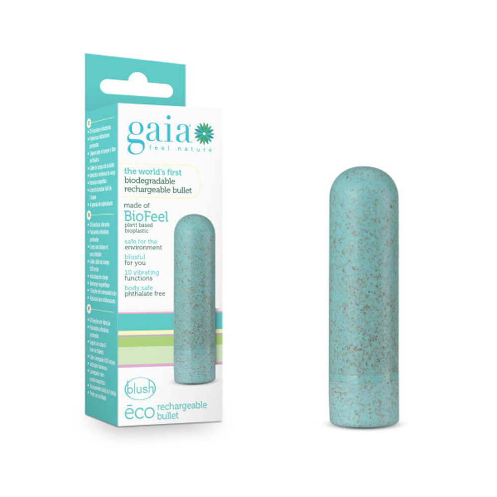 Package of Gaia Eco Rechargeable Bullet in Aqua- The Bigger O - online sex toy shop USA, Canada & UK shipping available