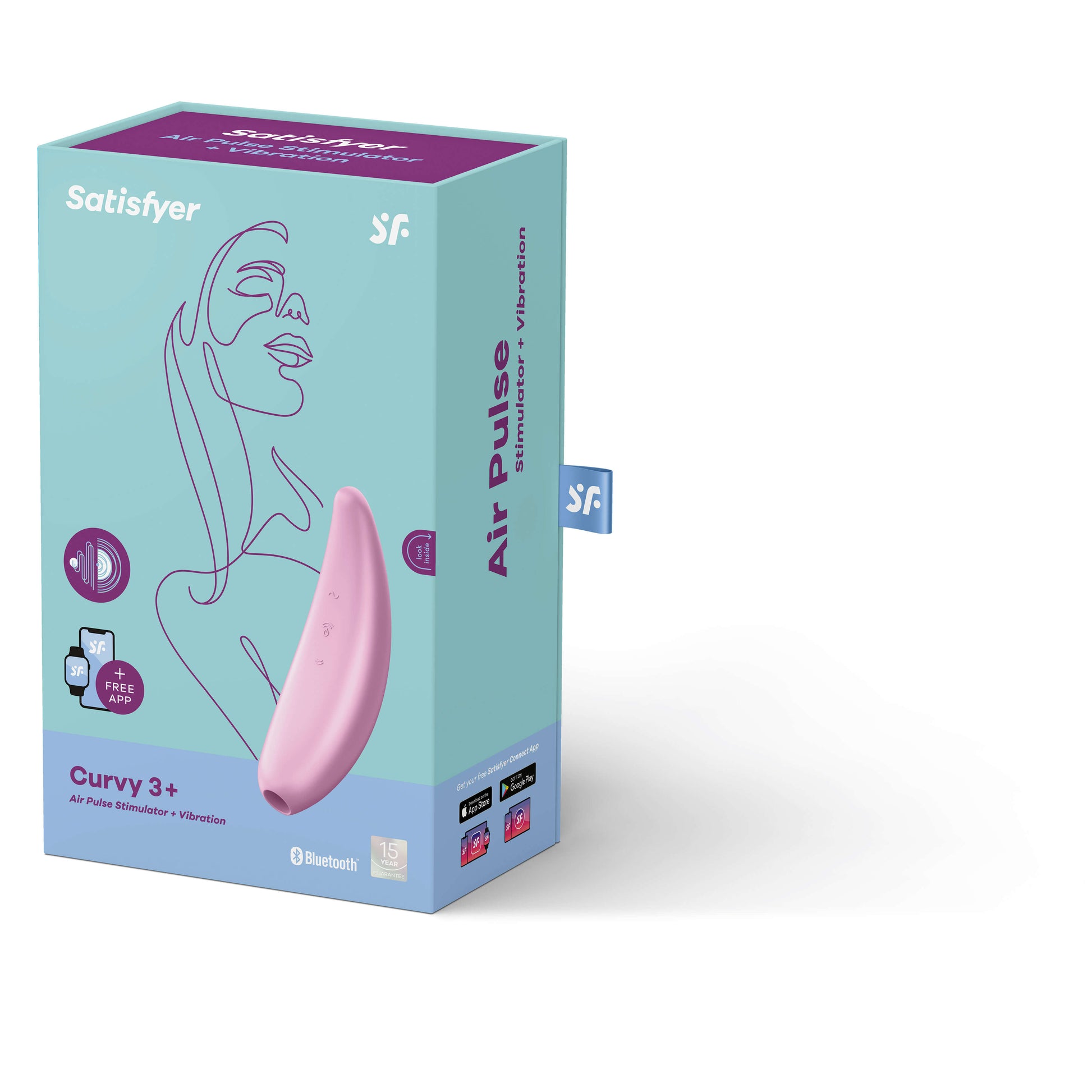 Packaging of the Satisfyer Curvy 3+ Air Pulse Vibrator - The Bigger O an online sex toy shop USA, Canada & UK shipping available