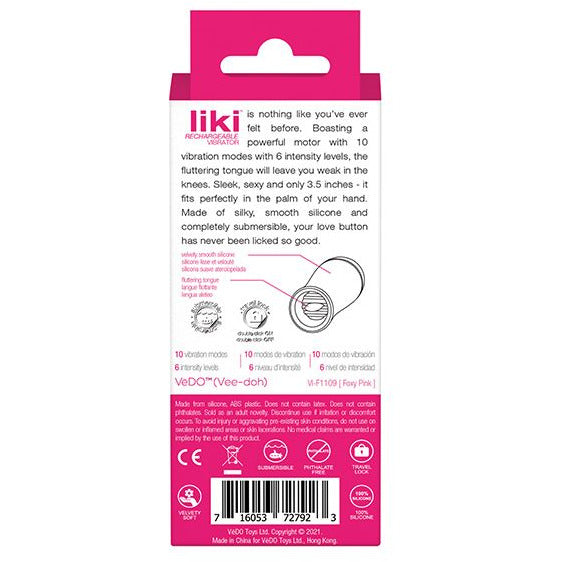 Liki Rechargeable Flicker Vibe in foxy pink package - VeDO - by The Bigger O online sex shop. USA, Canada and UK shipping available.