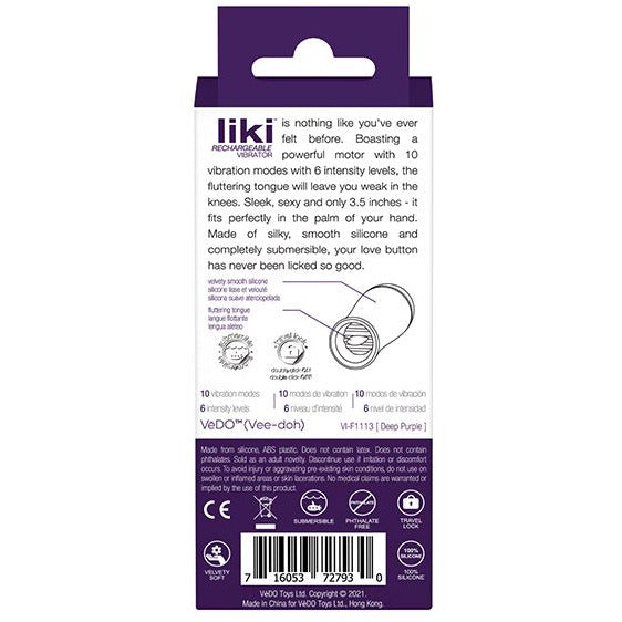 Liki Rechargeable Flicker Vibe in deep purple package - VeDO - by The Bigger O online sex shop. USA, Canada and UK shipping available.
