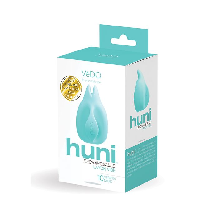 Huni Rechargeable Finger Vibe in Tease Me turquoise  package - VeDO - by The Bigger O online sex shop. USA, Canada and UK shipping available.