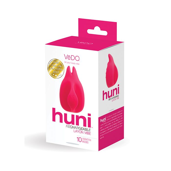 Huni Rechargeable Finger Vibe in foxy pink  package - VeDO - by The Bigger O online sex shop. USA, Canada and UK shipping available.