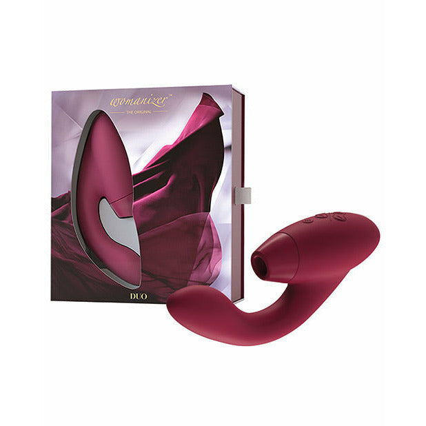 Womanizer Duo Pleasure Air Clitoral Stimulator & G-Spot Vibrator package - by The Bigger O online sex shop. USA, Canada and UK shipping available.
