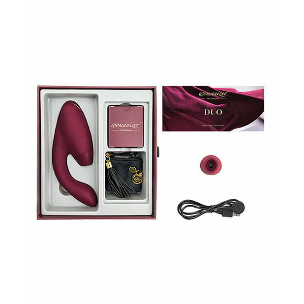 Womanizer Duo Pleasure Air Clitoral Stimulator & G-Spot Vibrator package - by The Bigger O online sex shop. USA, Canada and UK shipping available.
