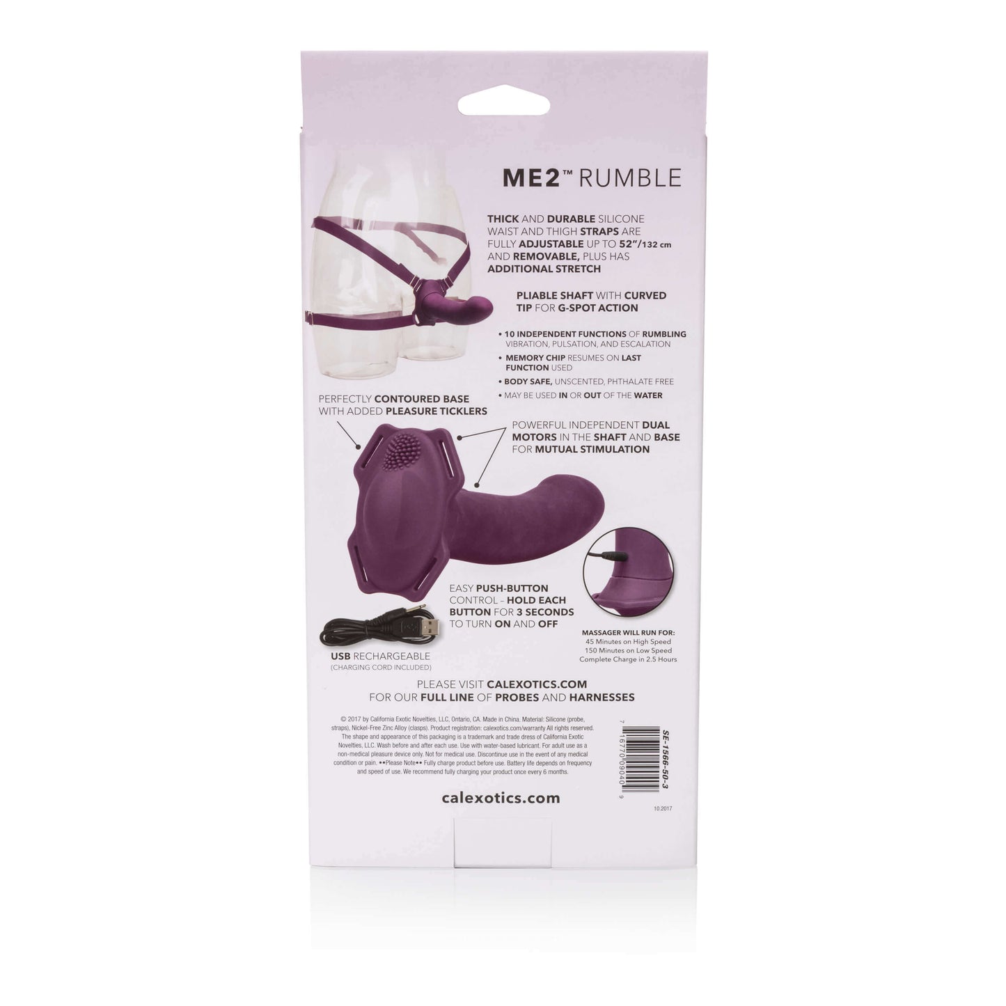 Package details of the Me2 Rumble Vibrating Dildo and Strap-On - CalExotics - The Bigger O online sex toy shop USA, Canada & UK shipping available