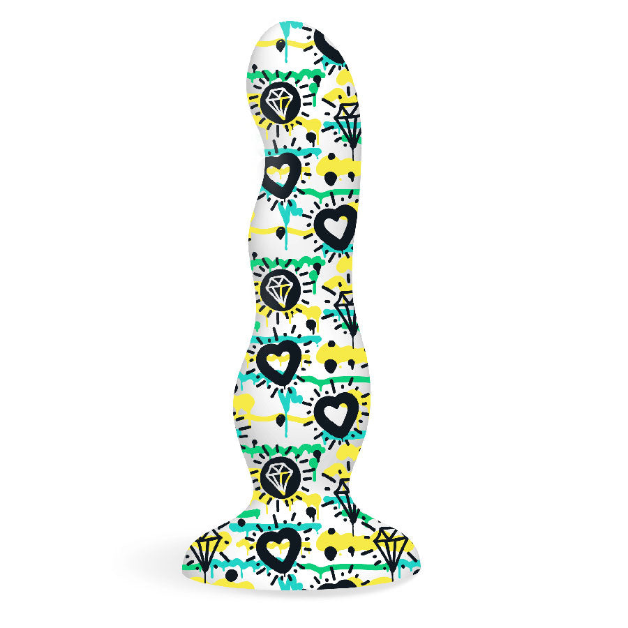 Collage Curvy Silicone Dildo with a 'Diamonds and Hearts' theme - online sex toy shop USA, Canada & UK shipping available
